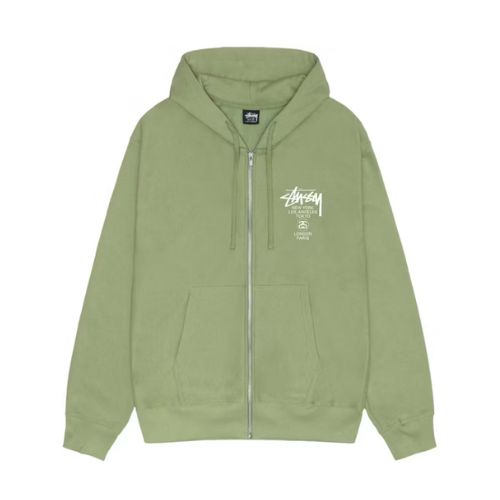 Stüssy World Tour Zip-Up Hoodie Moss