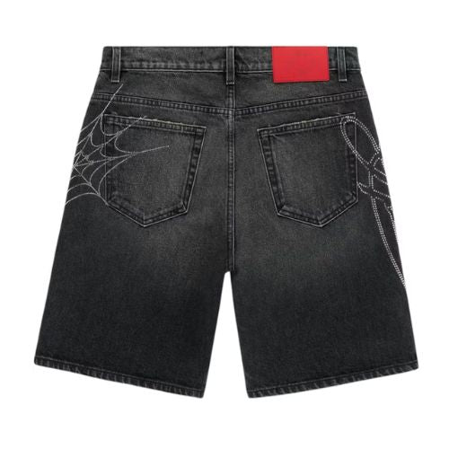 Sp5der Rhinestone Web Denim Short Black