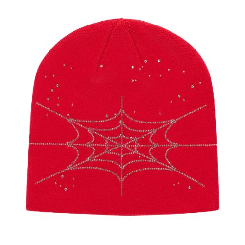 Sp5der Rhinestone Silk Skully Beanie Red