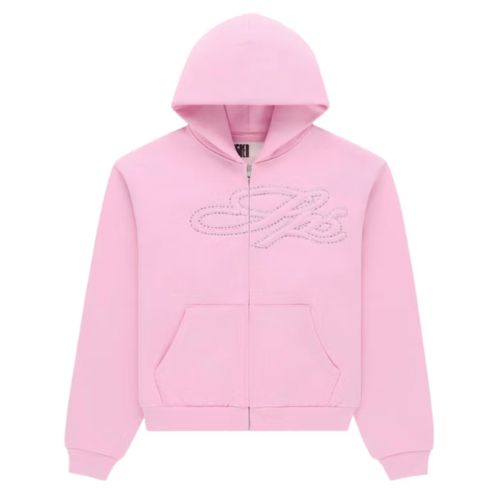 Sp5der Rhinestone Script Zip Hoodie Light Pink
