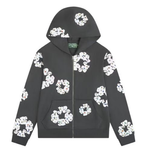 Denim Tears Rhinestone Cotton Wreath Zip Hoodie Vintage Black