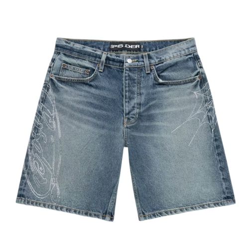 Sp5der Rhinestone Web Denim Short Indigo