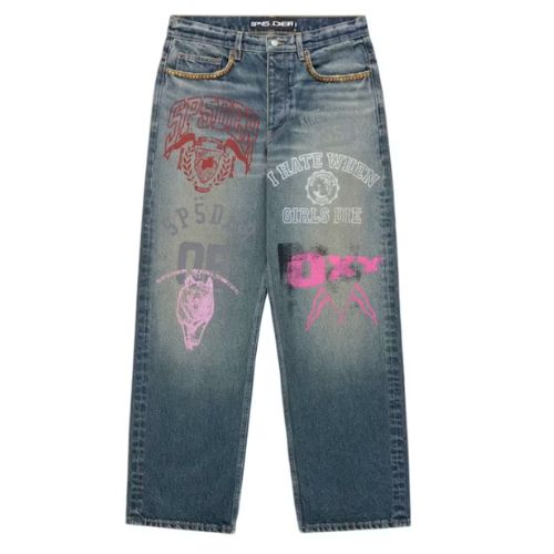 Sp5der Multi Print Studded Denim Pant Indigo