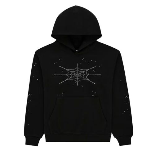 Sp5der Rhinestone Silk Hoodie Black