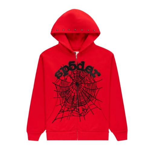 Sp5der OG Web Red Studded Zip-Up Hoodie