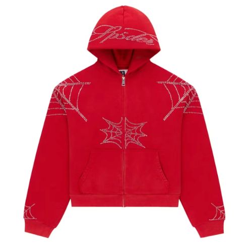 Sp5der Rhinestone Web Zip Hoodie Red
