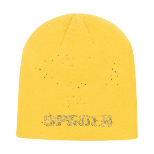 Sp5der Rhinestone Silk Skully Beanie Yellow