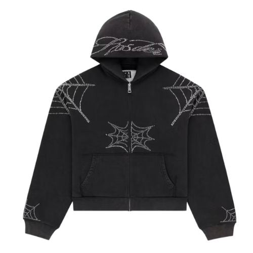 Sp5der Rhinestone Web Zip Hoodie Black