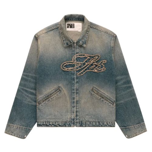 Sp5der Script Denim Work Jacket Light Wash Denim