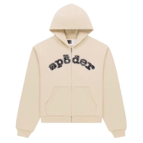 Sp5der Mixed Stone Og Logo Zip Hoodie Cream