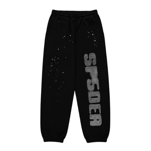 Sp5der Rhinestone Silk Sweatpant Black