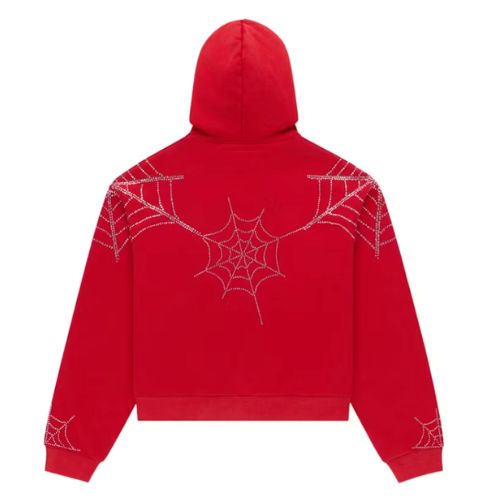 Sp5der Rhinestone Web Zip Hoodie Red