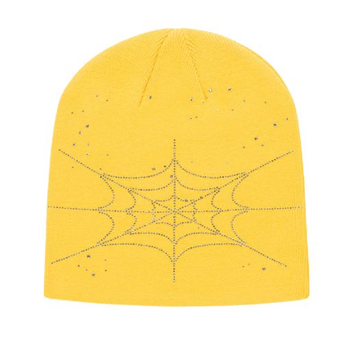 Sp5der Rhinestone Silk Skully Beanie Yellow