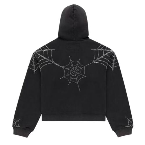 Sp5der Rhinestone Web Zip Hoodie Black