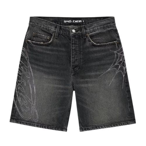Sp5der Rhinestone Web Denim Short Black
