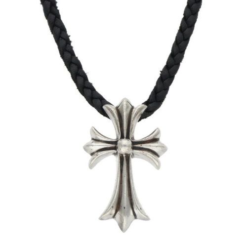 Chrome Hearts Small Cross Pendant Leather Braid Necklace