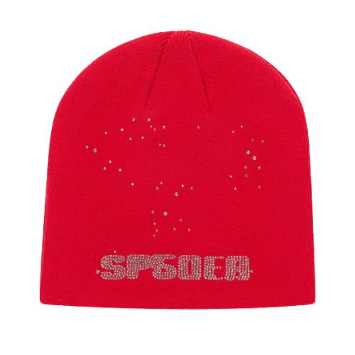 Sp5der Rhinestone Silk Skully Beanie Red