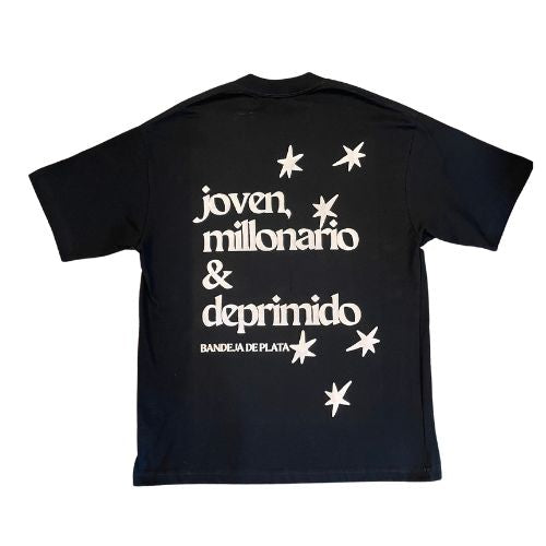 bandeja de plata Label T-Shirt "joven, millonario & deprimidio" Black